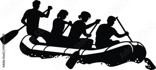 Silhouette of people rafting in inflatable boat, adventurous group paddling together on river waves, teamwork water sport vector illustration design, adventure concept