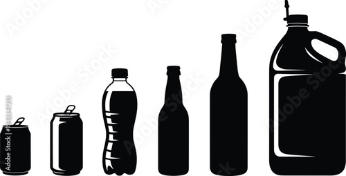 Silhouette of various beverage containers, soda cans and plastic bottles vector illustration, drink packaging design concept, recycling awareness, beverage industry and sustainability art