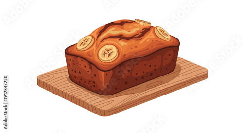 A freshly baked banana bread loaf, adorned with three round banana slices, is presented on a light brown wooden cutting board against a clean white background.