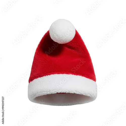 Red Santa hat with white trim and pom pom, isolated on white background