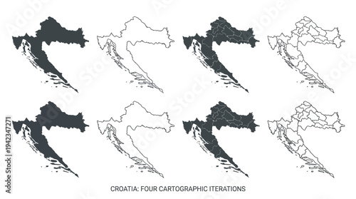 Map of Croatia Collection: Four Cartographic Iterations Featuring Outlines, Silhouettes, and Administrative Regional Borders for Infographic Design and Geography