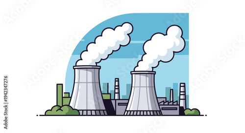 Two large gray cooling towers emit thick white smoke into a light blue sky, with an industrial factory complex and green bushes in the background.