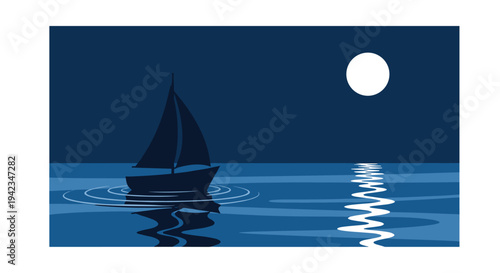 A dark sailboat silhouette glides on a deep blue sea under a night sky, with a bright full moon casting a shimmering reflection on the water.