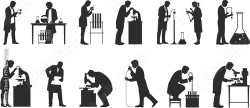 Silhouette scientists working in laboratory vector illustration, researchers using microscope and test tubes, chemistry experiment, science research concept, laboratory teamwork, medical discovery