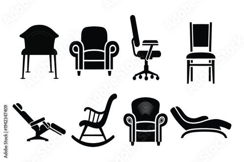 Collection of Furniture Icons and Chair Silhouettes for Interior Design and Office