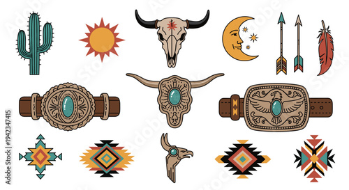 A diverse collection of Western-themed elements, including a cactus, bull skulls, moon, arrows, and belt buckles, are scattered on a white background.