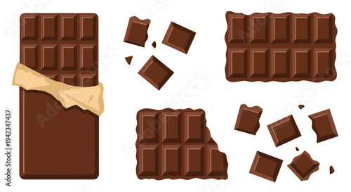 A collection of brown chocolate bars, including a partially unwrapped one and several broken pieces, are arranged on a white background.