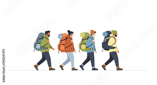 A diverse group of four hikers, two men and two women, walk in a line carrying large, colorful backpacks on a white background.
