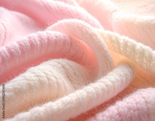 柔らかなパステルピンクとクリーム色のニットテクスチャの背景素材。編み目のディテールと温かい質感