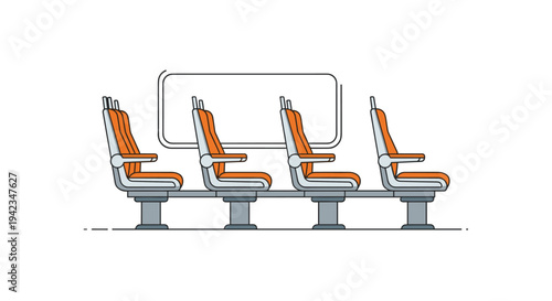 A row of four modern public transport seats with grey frames and orange cushions is shown in profile against a white background.