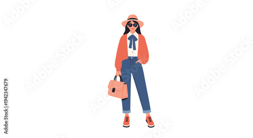 A stylish woman stands wearing a hat, sunglasses, coral cardigan, blue jeans, and holding a matching handbag on a white background.