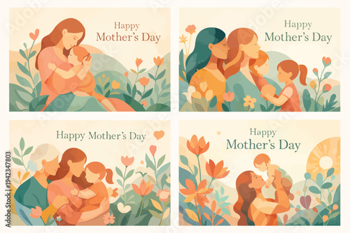 Four heartwarming illustrations celebrating Mother's Day with mothers and children in floral settings.