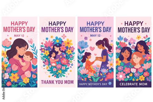 Four vertical banners celebrating Mother's Day with illustrations of mothers and children surrounded by flowers.