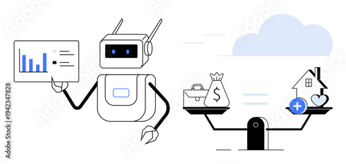 AI technology. AI examining data and demonstrating balance between investments and lifestyle needs. AI reshaping financial decisions and lifestyle planning. For technology, finance, decision-making