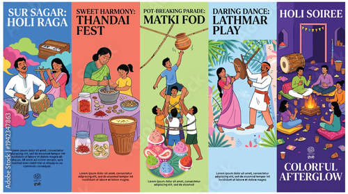 Vibrant illustrations depict five distinct Indian festivals celebrating Holi, showcasing music, food, dance, and community gatherings.