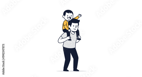 A smiling father wearing a grey t-shirt carries his young child on his shoulders, with the child in a yellow shirt joyfully pointing forward.