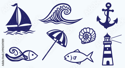 Nautical icons set sailboat wave anchor lighthouse fish umbrella seashell summer travel theme graphic design