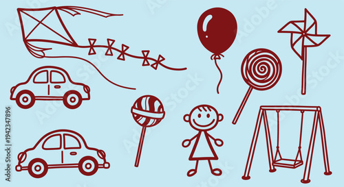 Childrens drawings of toys and objects on a blue background for kids design