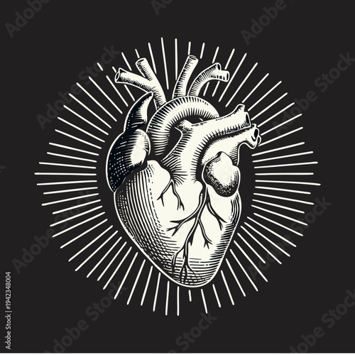 Anatomical Human Heart Vintage Engraved Illustration with Radiating Lines