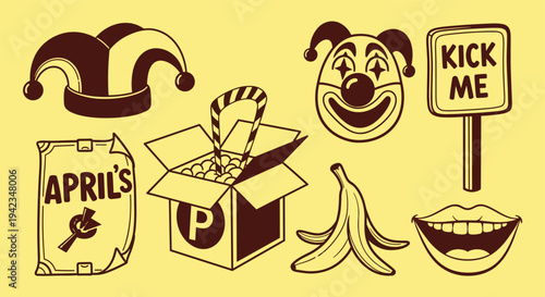 April Fools Day Icons Set Yellow Background