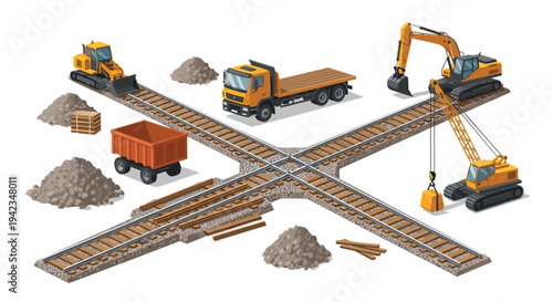 An isometric railway construction site features two intersecting tracks, a yellow bulldozer, a flatbed truck, an excavator, and a crane lifting a block.