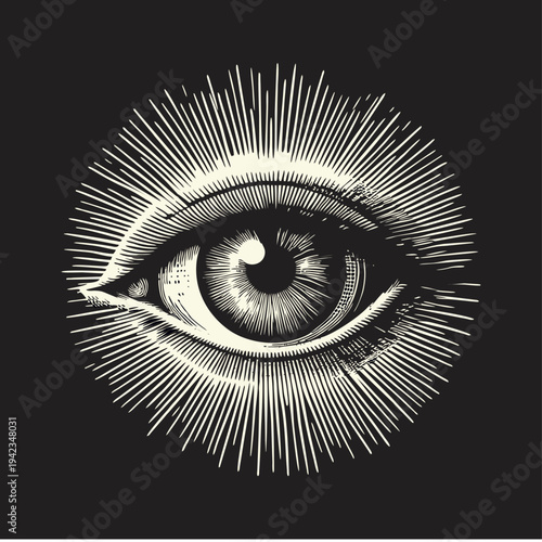 Engraved All Seeing Eye with Radiant Sunburst Rays