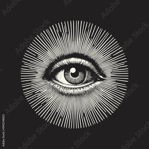 All-Seeing Eye of Providence with Radiant Light Rays in Vintage Engraving Style