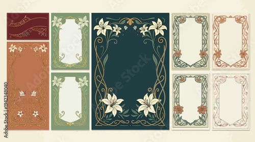 Collection of ornate vintage frames and borders with floral motifs, featuring lilies and art nouveau elements in a rich color palette.