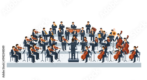 A large symphony orchestra with numerous musicians playing string, brass, woodwind, and percussion instruments on a tiered stage with a conductor.