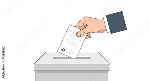 A formally dressed hand carefully inserts a white ballot paper, marked with a clear checkmark, into the slot of a simple grey ballot box against a plain white background.
