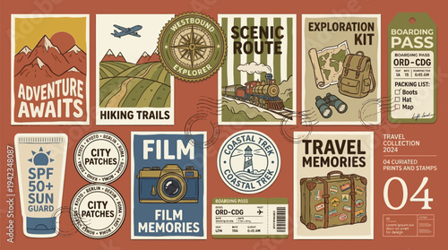 A collection of vintage travel-themed illustrations featuring adventure, exploration, and scenic routes, including posters, stickers, and boarding passes.