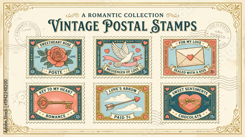 A Romantic Collection of Vintage Postal Stamps featuring Roses, Doves, Envelopes, Keys, Arrows, and Hearts, evoking themes of love and affection.