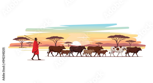 A solitary Maasai man, clad in a red shuka and holding a staff, guides a herd of cattle across a vast savanna dotted with acacia trees, under a vibrant sunset sky.