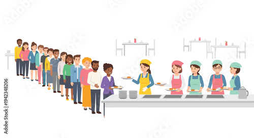 A diverse group of people stands in a lengthy queue, patiently awaiting their turn to receive food from four female cafeteria workers behind a serving counter in a bright, clean dining area.