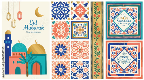 Vibrant Islamic geometric patterns and motifs celebrating Eid Mubarak with mosque, lanterns, and crescent moon.