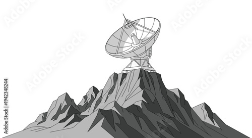 A detailed monochromatic line art illustration showcases a large satellite dish with a complex structure perched firmly on a rugged, angular mountain peak against a plain white backdrop.
