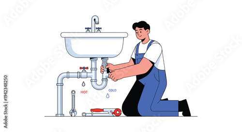 A male plumber in blue overalls kneels on a pristine white floor, diligently repairing the intricate piping system beneath a white ceramic sink, with various tools scattered nearby.