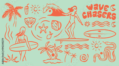 Vibrant illustration of surfers and beach elements, capturing the essence of a sunny day at the ocean with palm trees, waves, and marine life.