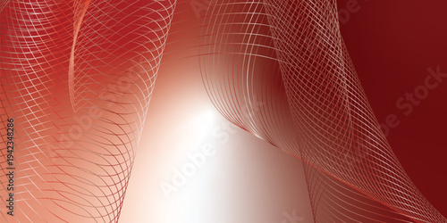 Abstract marron red and white luminous waves curving through a deep shadowy backdrop with scattered glittering micro particles, futuristic digital tech concept, vector illustration