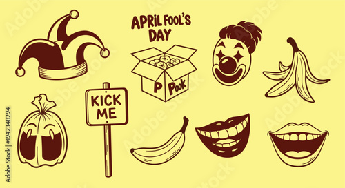April Fools Day Prank Icons Yellow Background Flat Design