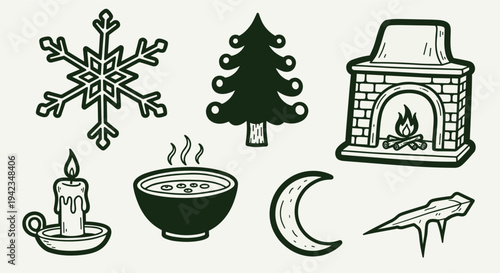 winter icons set christmas snowflake tree fireplace candle soup moon icicle for holiday season design