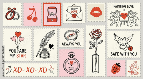 A collection of charming hand-drawn stamps featuring romantic Valentine's Day and love-themed illustrations and symbols.