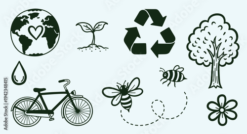eco friendly icons set earth plant bicycle bee tree flower recycle symbol for sustainability and green living