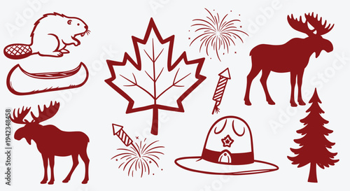 Canadian symbols collection red outline on white background for national day celebrations