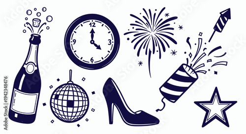 New Year celebration elements champagne bottle disco ball high heel fireworks clock star on white background