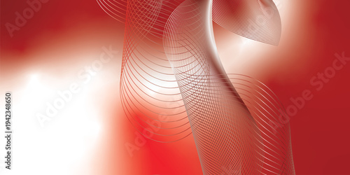 Abstract marron red and white luminous waves curving through a deep shadowy backdrop with scattered glittering micro particles, futuristic digital tech concept, vector illustration