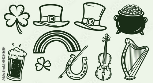 Saint Patricks Day Icons Collection Isolated On Light Green Background