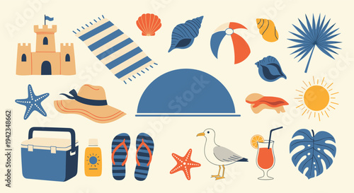 Summer beach elements on a cream background with a flat design style for vacation themes