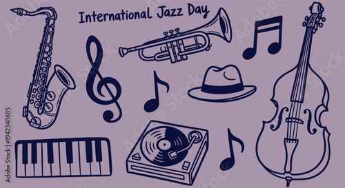 International Jazz Day illustration with musical instruments and notes