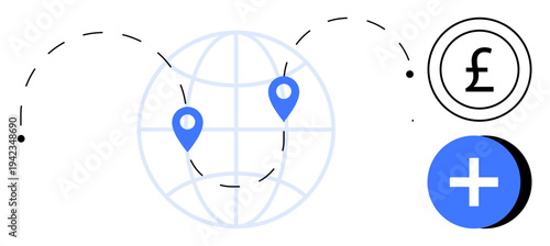 Financial transactions. global financial transactions with location markers, currency symbol, and connectivity. Financial transactions conceptualizing global trade, payments, and international